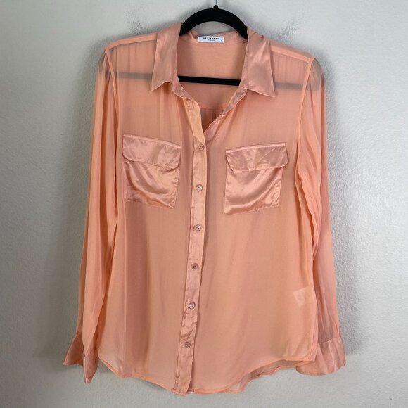 Equipment Femme Womens Large Peach 100% Silk Button Up Sheer Blouse Shirt - Picture 7 of 10